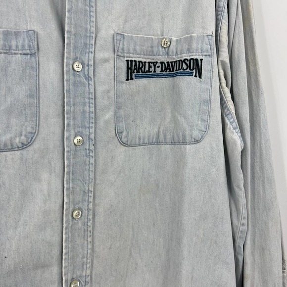 Vintage Harley Davidson Distressed Light Denim Button Up Shacket Men's Large - Picture 3 of 10